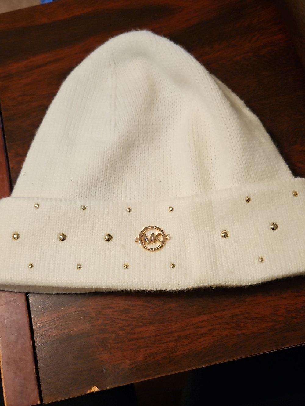 Michael Kors Cream Knit Beanie with Gold MK Emblem and Studs